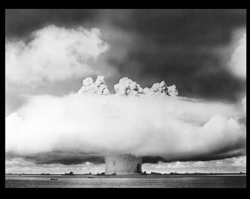 Black and white image of a mushroom cloud