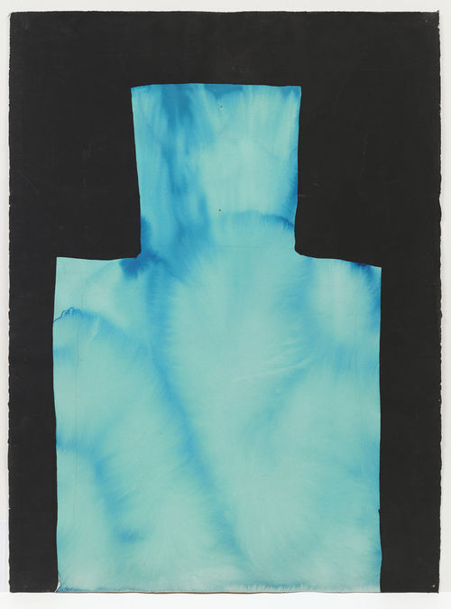 Watercolor of a geometric object, rendered in tie-dyed blue on black background