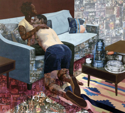 Drawn and collaged image of a living room scene, with the artist sitting on the couch, holding her partner to her chest 