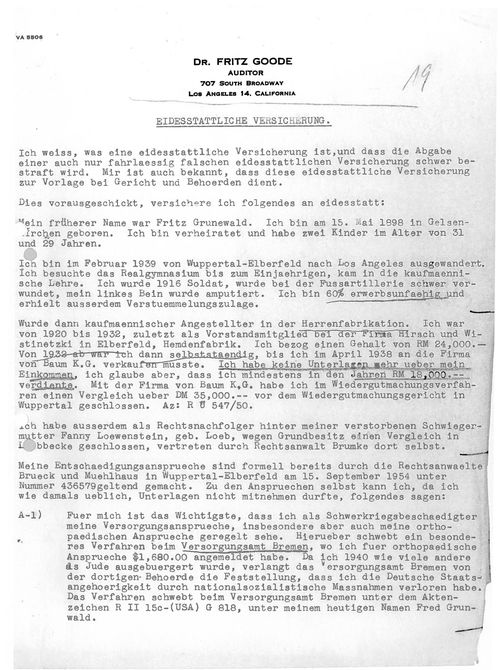 Affidavit signed by Fred Grunwald in connection with his compensation claims, November 14, 1955. Bezirksregierung Düsseldorf, Dezernat 15