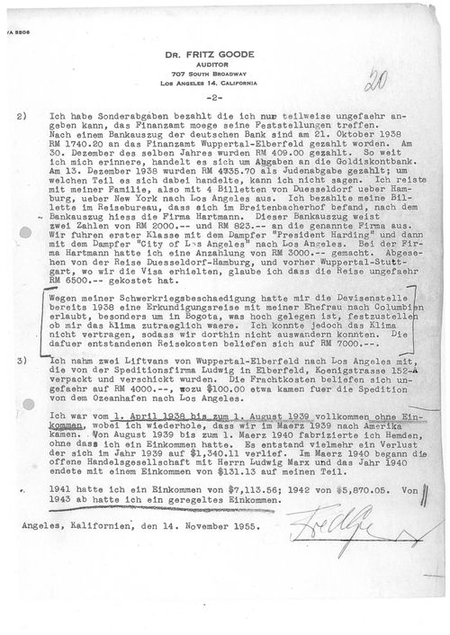 Affidavit signed by Fred Grunwald in connection with his compensation claims, November 14, 1955. Bezirksregierung Düsseldorf, Dezernat 15