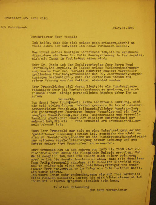 Letter from Karl With to Alex Vömel, July 25, 1960. Getty Research Institute Special Collections, Karl With Papers. © Christopher With