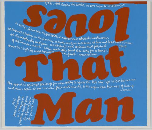 Colorful screenprint with "loves That Man" in bright red on a blue background