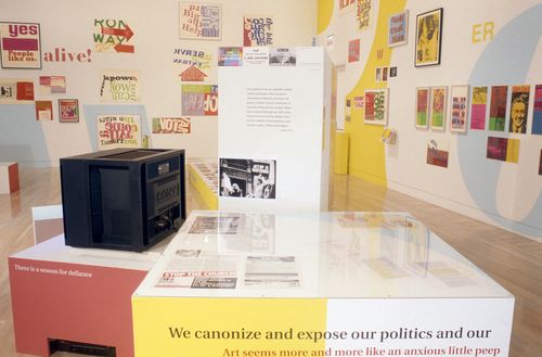 Installation view of Power Up: Sister Corita and Donald Moffett, Interlocking at the Hammer Museum, Los Angeles from February 6 – April 2, 2000