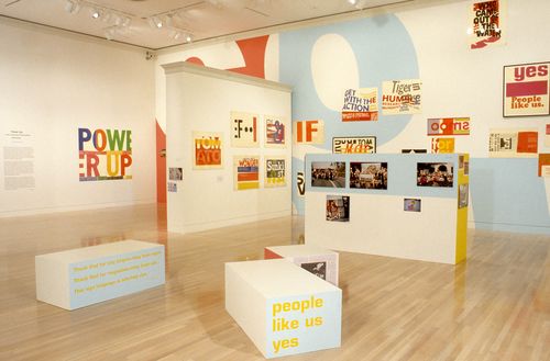 Installation view of Power Up: Sister Corita and Donald Moffett, Interlocking at the Hammer Museum, Los Angeles from February 6 – April 2, 2000