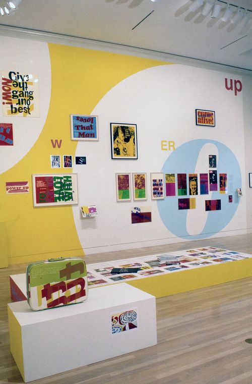 Installation view of Power Up: Sister Corita and Donald Moffett, Interlocking at the Hammer Museum, Los Angeles from February 6 – April 2, 2000