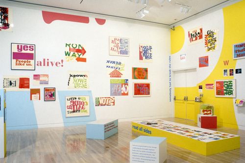 Installation view of Power Up: Sister Corita and Donald Moffett, Interlocking at the Hammer Museum, Los Angeles from February 6 – April 2, 2000