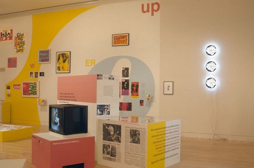 Installation view of Power Up: Sister Corita and Donald Moffett, Interlocking at the Hammer Museum, Los Angeles from February 6 – April 2, 2000