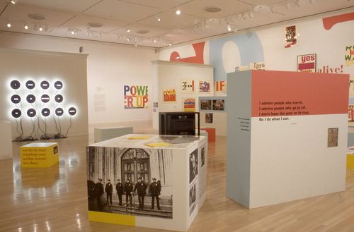 Installation view of Power Up: Sister Corita and Donald Moffett, Interlocking at the Hammer Museum, Los Angeles from February 6 – April 2, 2000