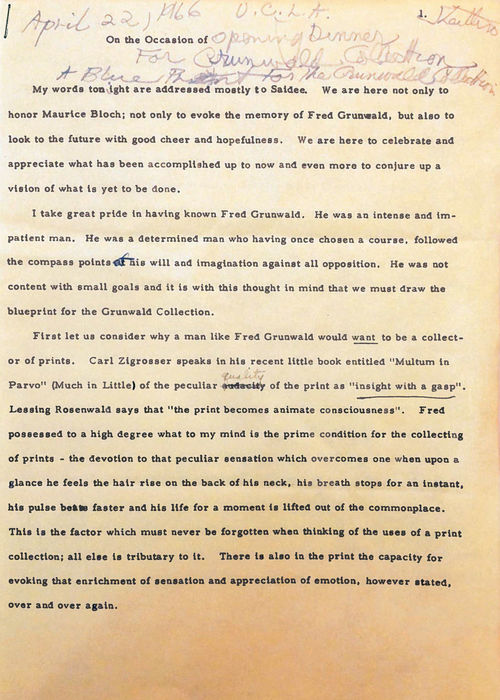 Jake Zeitlin, speech on the occasion of the dinner celebrating The Fred Grunwald Collection: A Memorial Exhibition at UCLA, April 22, 1966