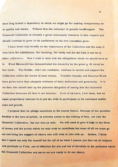 Jake Zeitlin, speech on the occasion of the dinner celebrating The Fred Grunwald Collection: A Memorial Exhibition at UCLA, April 22, 1966