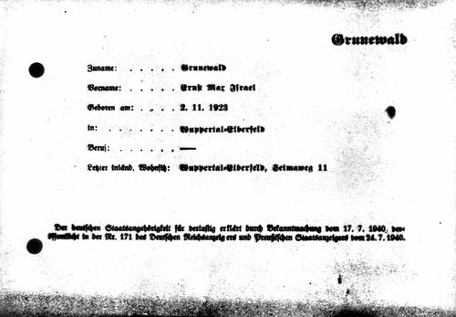 Ernst Grunewald, German Citizenship Annulment card, 1940