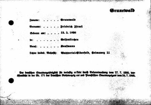 Friedrich Grunewald, German Citizenship Annulment card, 1940