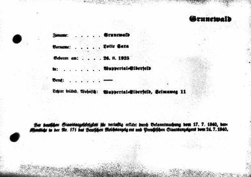 Lotte Grunewald, German Citizenship Annulment card, 1940