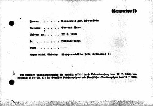 Gertrud Grunewald, German Citizenship Annulment card, 1940