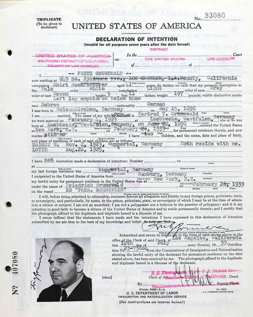 Friedrich Grunewald, Declaration of Intention, July 12, 1939