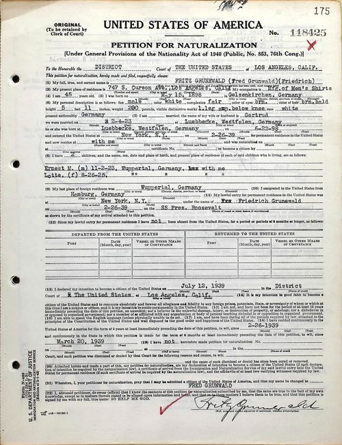 Friedrich Grunewald, Petition for Naturalization, May 5, 1944