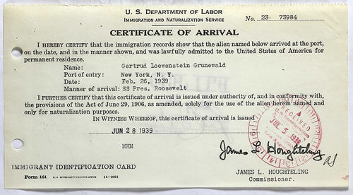 Gertrud Grunewald, Certificate of Arrival, June 28, 1939