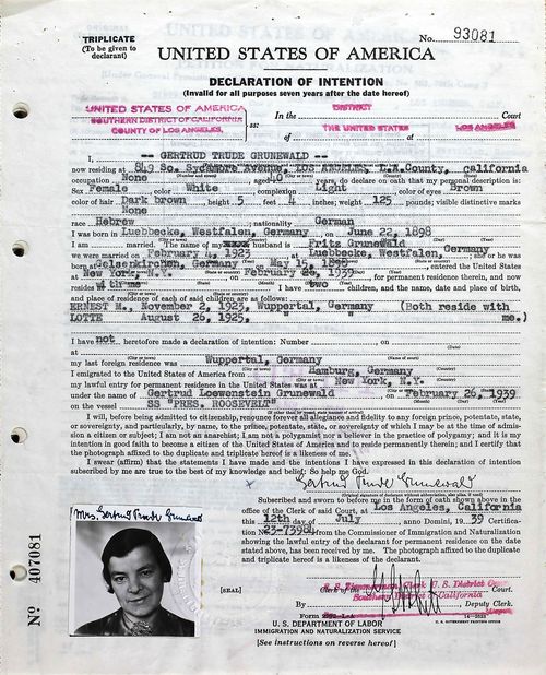 Gertrud Grunewald, Declaration of Intention, July 12, 1939