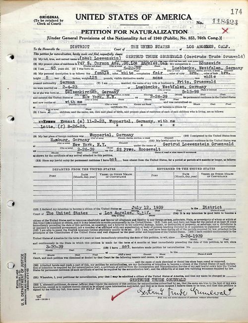 Gertrud Grunewald, Petition for Naturalization, May 5, 1944