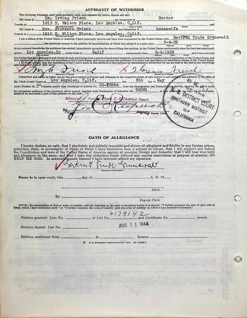 Gertrud Grunewald, Petition for Naturalization, May 5, 1944