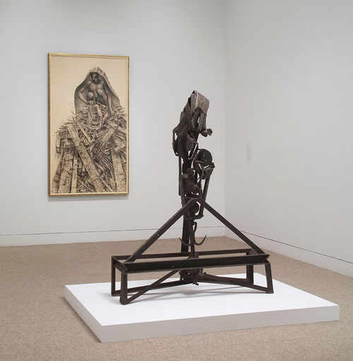 Foreground: Melvin Edwards, "The Lifted X," 1965; background: Charles White, "Birmingham Totem," 1964. Installation view at the Hammer Museum, Los Angeles