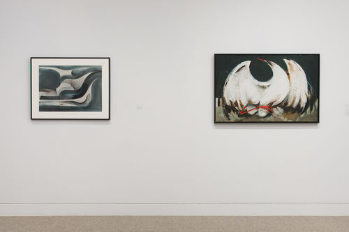 Two works by William Pajaud, left to right: "Holy Family," c. 1965 and "Sea Bird on Nest," n.d. Installation view at the Hammer Museum, Los Angeles