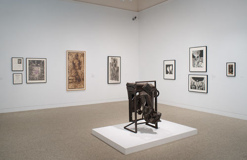 Foreground: Melvin Edwards, "August the Squared Fire," 1965; left wall: multiple works by Charles White; right wall: multiple works by Samella Lewis. Installation view at the Hammer Museum, Los Angeles