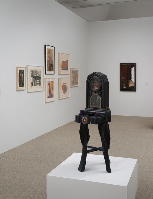 Foreground: Betye Saar, "Indigo Mercy," 1975. Installation view at the Hammer Museum, Los Angeles