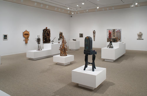 Foreground: Betye Saar, "Indigo Mercy," 1975; background: works by Betye Saar, John T. Riddle Jr., Noah Purifoy, and John Outterbridge. Installation view at the Hammer Museum, Los Angeles