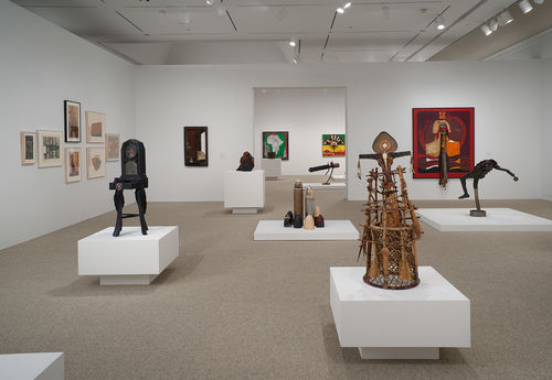 Foreground: Betye Saar, "Spirit Catcher," 1977; background: works by Betye Saar, John T. Riddle Jr., Noah Purifoy, John Outterbridge, Dale Brockman Davis, and Alonzo Davis. Installation view at the Hammer Museum, Los Angeles