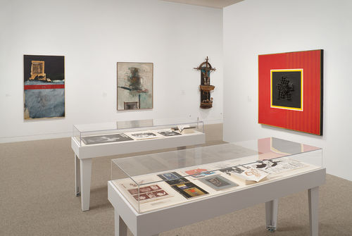 Left wall, from left to right: Raymond Saunders, "American Dream," 1968, John Altoon, "Portrait of a Spanish Poet," 1959, and Gordon Wagner, "Between Heaven and Hell," 1960–65; right wall: Daniel LaRue Johnson, "Big Red," 1964. Installation view at the Hammer Museum, Los Angeles