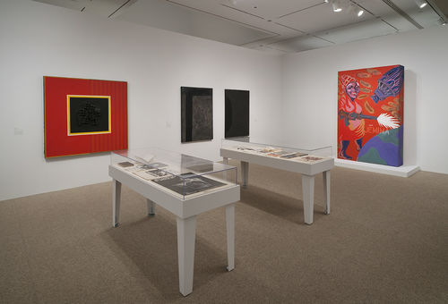 Left wall, from left to right: Daniel LaRue Johnson, "Big Red," 1964 and two works by Virginia Jaramillo, "Untitled,"1960 and "Structure Nine," 1965; right wall: Joe Overstreet, "The New Jemima," 1964, 1970. Installation view at the Hammer Museum, Los Angeles