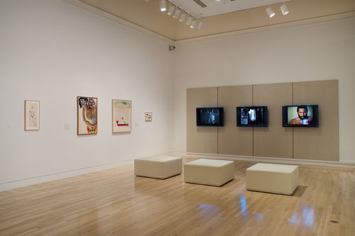 Left wall: four works by Suzanne Jackson, from left to right: "Untitled," 1970s, "Triplical Communications," 1969, "Watch Mist," c. 1975, and "Sundown," 1974; right wall: three videos by Ulysses Jenkins. Installation view at the Hammer Museum, Los Angeles