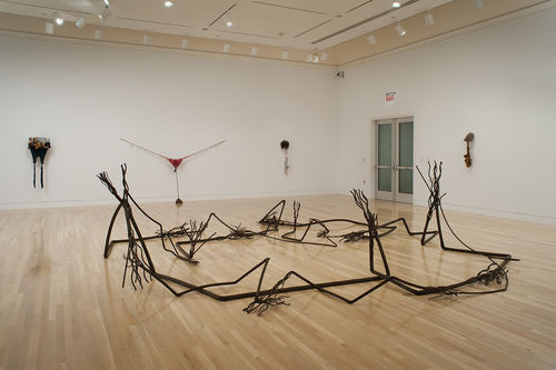 Foreground: Maren Hassinger, "A Place for Nature," 2011; background: works by Senga Nengudi. Installation view at the Hammer Museum, Los Angeles