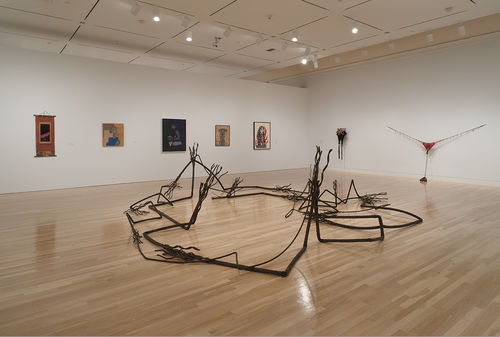 Foreground: Maren Hassinger, "A Place for Nature," 2011; background: works by Senga Nengudi and David Hammons. Installation view at the Hammer Museum, Los Angeles