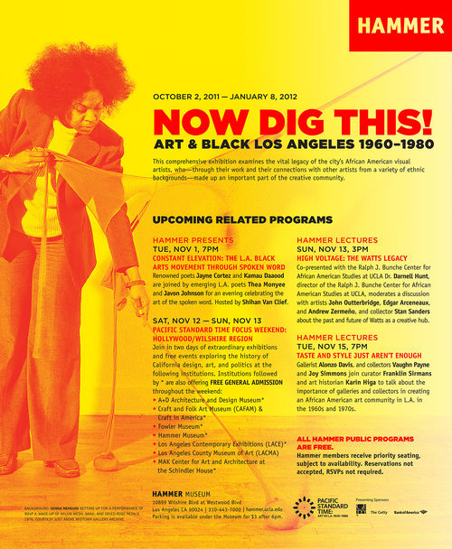 Design for newspaper advertisement for public programs related to "Now Dig This!," featuring photo of Senga Nengudi. Hammer Museum, Los Angeles