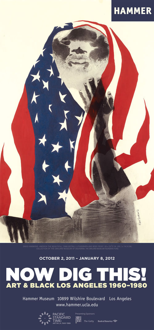 Design for Los Angeles Times advertisement for "Now Dig This!" featuring David Hammons, "America the Beautiful," 1968. Hammer Museum, Los Angeles