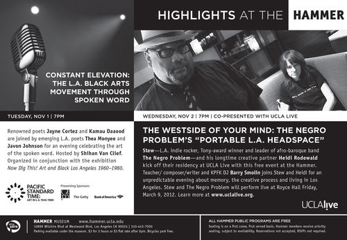 Design for OurWeekly advertisement featuring "Constant Elevation: The L.A. Black Arts Movement Through Spoken Word" on November 1, 2011, in conjunction with "Now Dig This!" Hammer Museum, Los Angeles