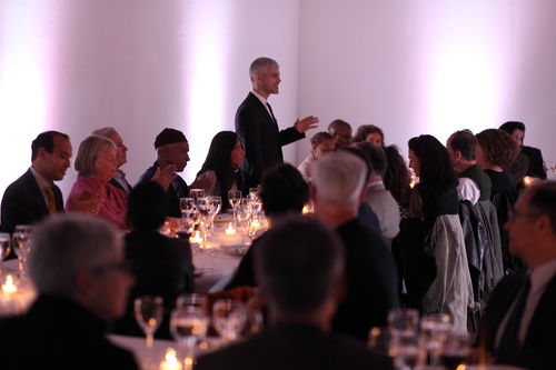 MoMA PS1 curator Peter Eleey addresses guests at the dinner reception honoring "Now Dig This!" MoMA PS1, Long Island City, NY