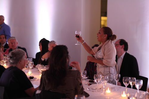 Curator Kellie Jones makes a toast at the dinner reception honoring <em>Now Dig This!</em> MoMA PS1, Long Island City, NY