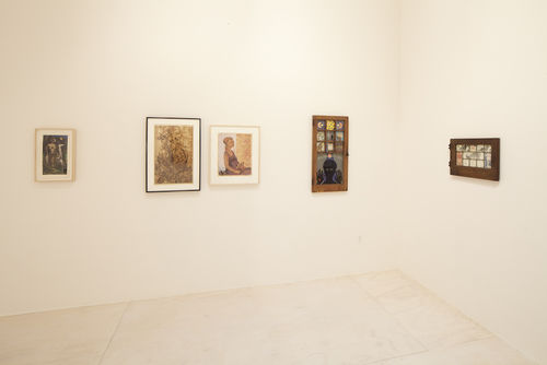 Five works by Betye Saar, from left to right: "To Catch a Unicorn," 1960, "Prelude to Autumn," 1962, "Anticipation," 1961, "Black Girl's Window," 1969, and "Mystic Window for Leo," 1966. Installation view at MoMA PS1, Long Island City, NY