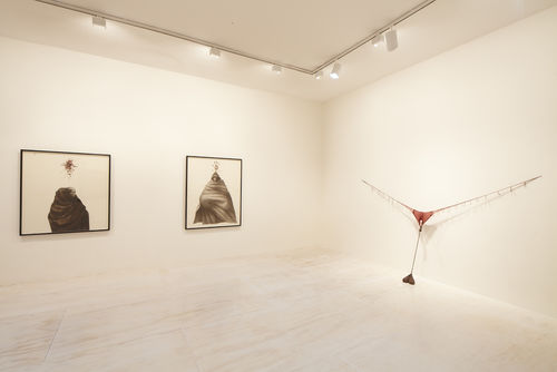 Left wall: Charles White, "Harriet,", 1972 and "Mississippi," 1972; right wall: Senga Nengudi, "Revery - R," 2011. Installation view at MoMA PS1, Long Island City, NY