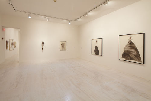 Right wall: Charles White, "Harriet," 1972 and "Mississippi," 1972; back wall: David Hammons, "Bird," 1973 and "Untitled," 1969. Installation view at MoMA PS1, Long Island City, NY