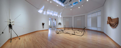 Center: Maren Hassinger, "A Place for Nature" 2011; left wall: Senga Nengudi, "Only Love Saves the Day," 2011; background: Senga Nengudi, "Revery - A," 2011 and David Hammons "Flight Fantasy," 1983; right wall: David Hammons, "Bag Lady in Flight," 1970s. Installation view at Williams College Museum of Art, Williamstown, MA