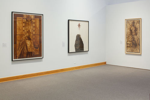 Three works by Charles White, from left to right: "Black Pope (Sandwich Board Man)," 1973, "Harriet," 1972, and "Wanted Poster #6," 1969. Installation view at Williams College Museum of Art, Williamstown, MA