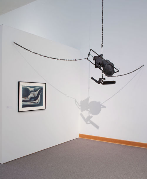 Hanging: Melvin Edwards, "Cotton Hangup," 1966; on wall: William Pajaud, "Sea Rhythms," n.d. Installation view at Williams College Museum of Art, Williamstown, MA