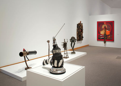 Foreground: John Outterbridge, "Captive Image #4," from the Ethnic Heritage Group, c. 1974–76; background: works by John T. Riddle Jr. and Noah Purifoy. Installation view at Williams College Museum of Art, Williamstown, MA