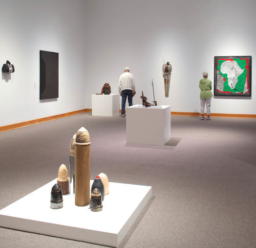 Foreground: Dale Brockman Davis, "Viet Nam War Games," 1969; background: works by Mark di Suvero, Ron Miyashiro, Virginia Jaramillo, Dale Brockman Davis, John Outterbridge, and Alonzo Davis. Installation view at Williams College Museum of Art, Williamstown, MA