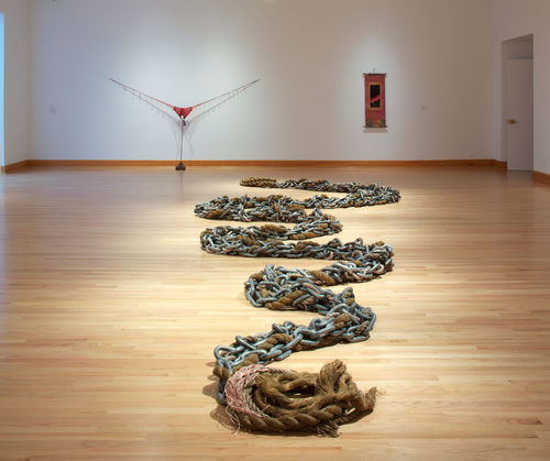 Foreground: Maren Hassinger, "River," 2011; background: Senga Nengudi, "Revery - R," 2011 and David Hammons, "Afro Asian Eclipse (or Black China)," 1979. Installation view at Williams College Museum of Art, Williamstown, MA